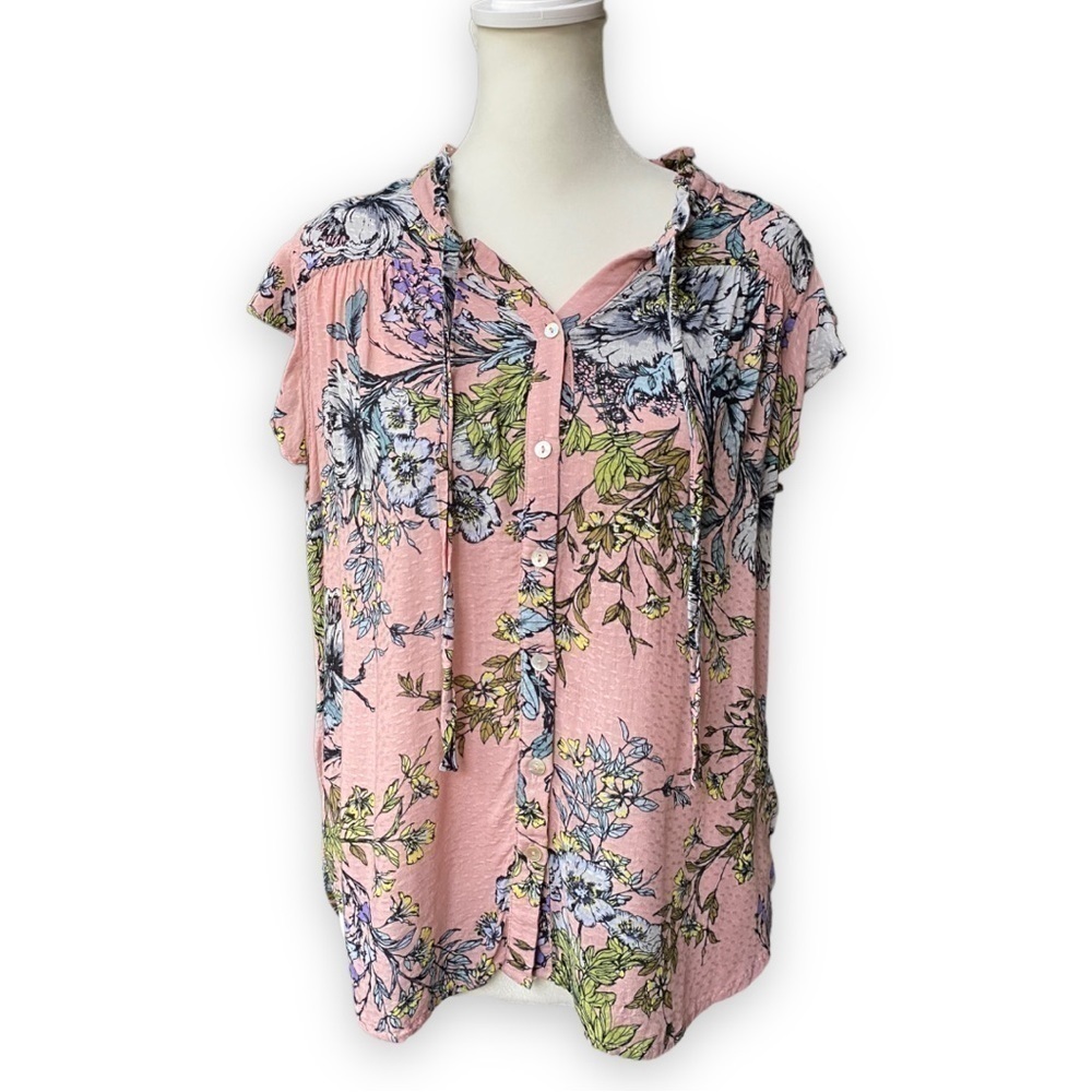 Lovestitch Pink Floral Print Ruffle Sleeve Button Down Top Size Small
